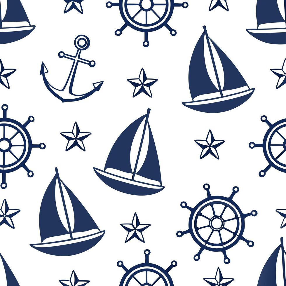 Traditional boats and maritime symbols seamless tile pattern with blue and white hues concept as Blue and white hues highlight traditional boats and maritime symbols in seamless ti Dynamic vector