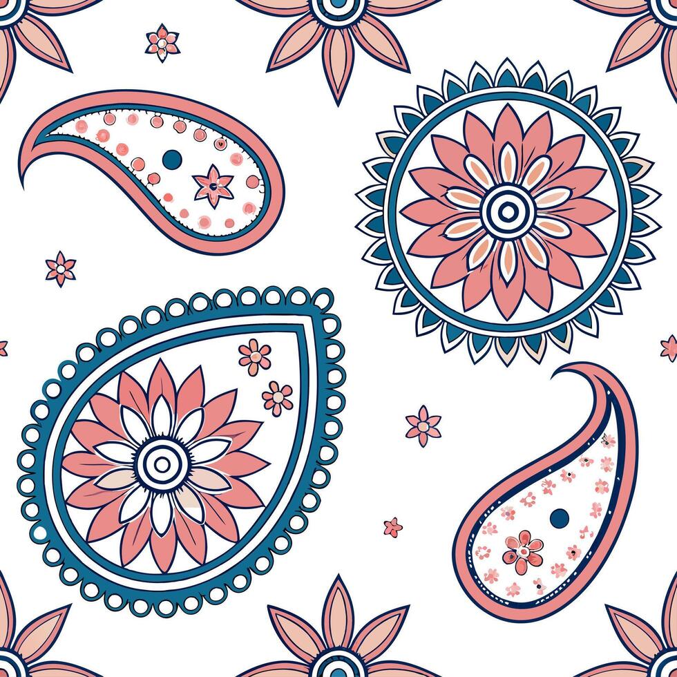 Traditional Mandala and paisley seamless tile pattern with vibrant colors and intricate details concept as Vibrant colors highlight traditional Mandala and paisley patterns in seam Dynamic vector