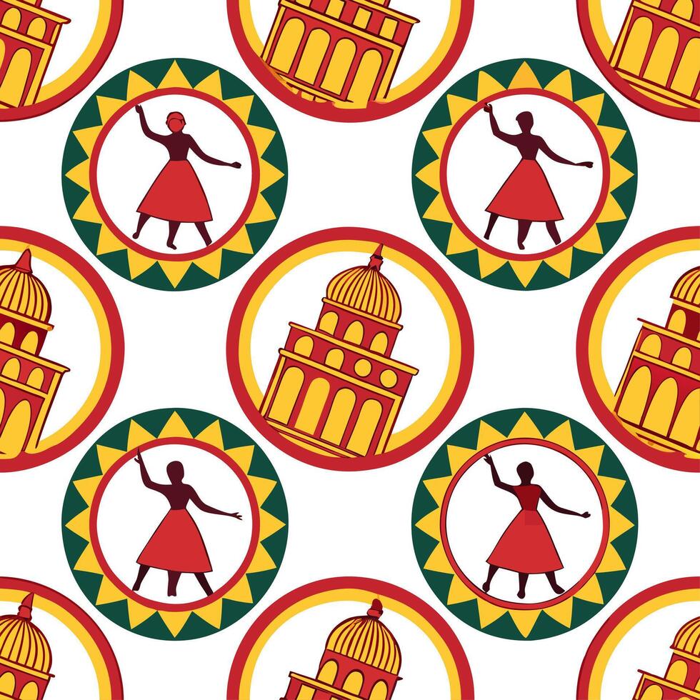 Traditional dance movements and cultural symbols seamless tile pattern with bold colors concept as Bold colors highlight traditional dance movements and cultural symbols in seamles Dynamic vector
