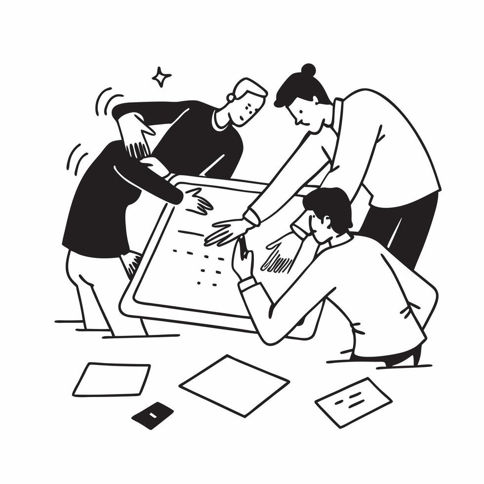 Team members collaborating on a project plan concept as A illustration of team members collaborating on a project plan in a modern workspace using a 3 color tone to emphasiz Dynamic vector
