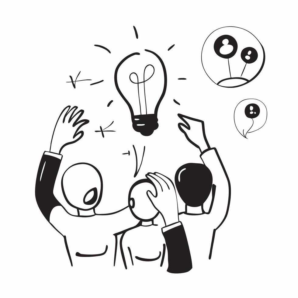 Team brainstorming session with lightbulb concept as A team brainstorming session blended with a lightbulb symbolizing creativity and innovation during a company open house Ideal Dynamic vector