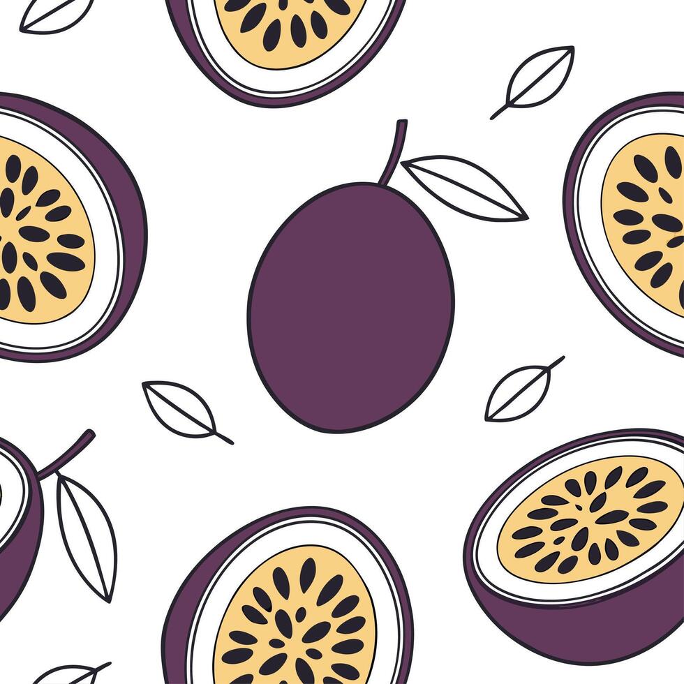 Sweet and tangy passionfruit seamless tile pattern with bright yellow pulp and purple skin concept as Passionfruit with bright yellow pulp and purple skin creates a tangy sweet sea Dynamic vector