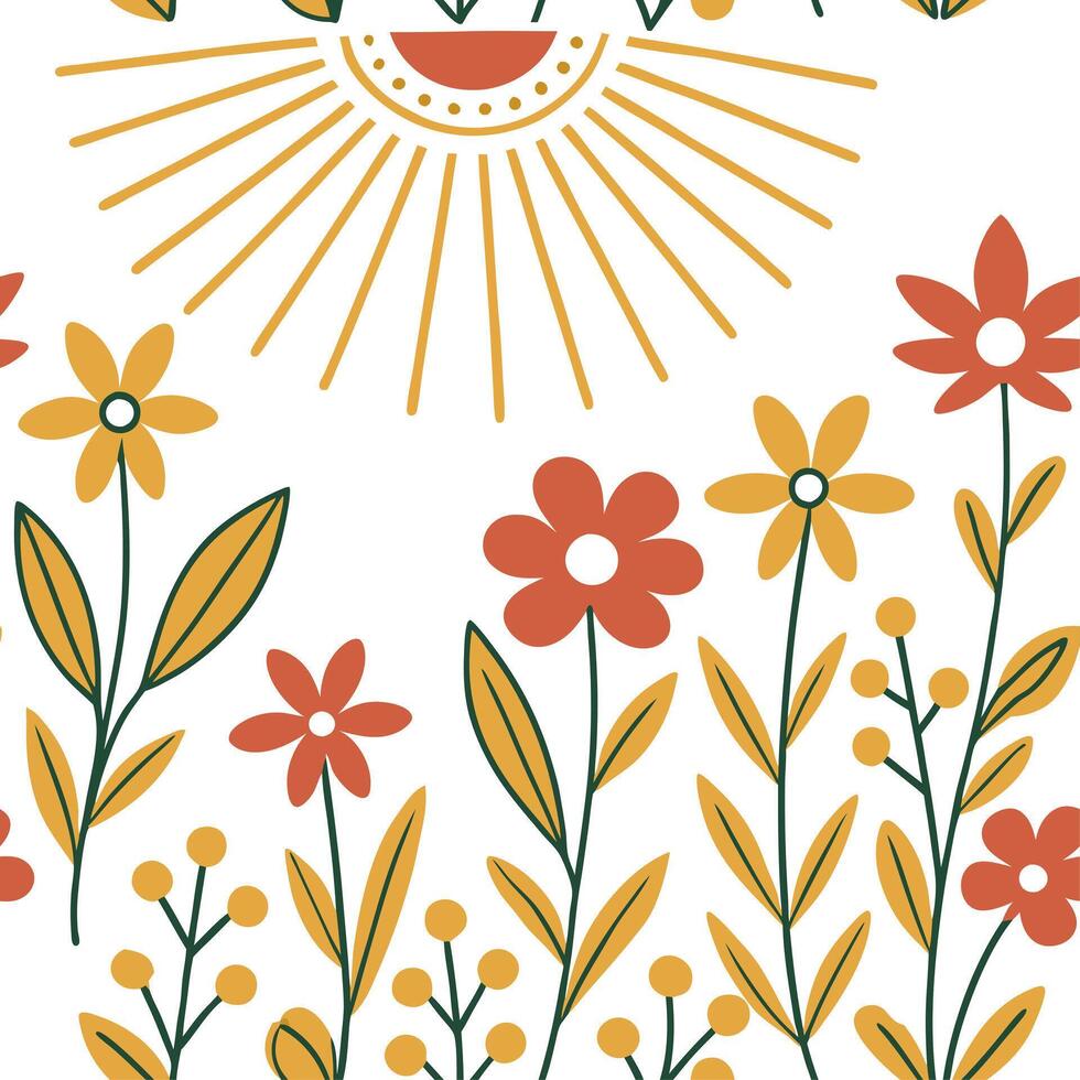 Sun kissed garden flowers seamless tile pattern with golden rays highlighting vibrant blooms concept as Golden sun rays highlight vibrant garden flowers creating a seamless tile pa Dynamic vector