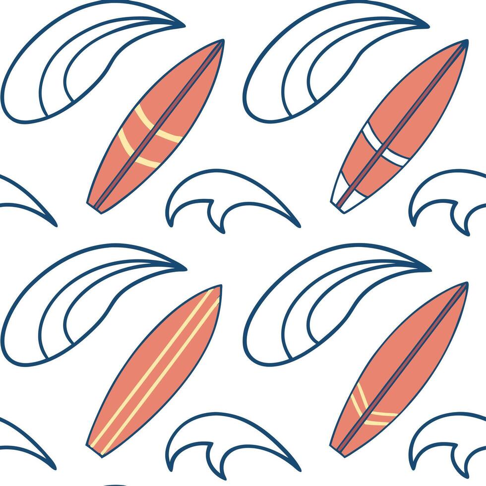 Summer surfboards seamless tile pattern with colorful boards and fun beach designs concept as Colorful surfboards and playful beach patterns create a seamless tile design perfect f Dynamic vector