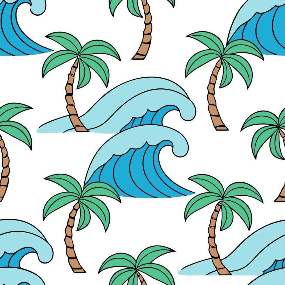 Summer beach seamless tile pattern with vibrant waves and palm trees for coastal home decor concept as Bright waves and palm trees in a seamless pattern for creating a vibrant and Dynamic vector