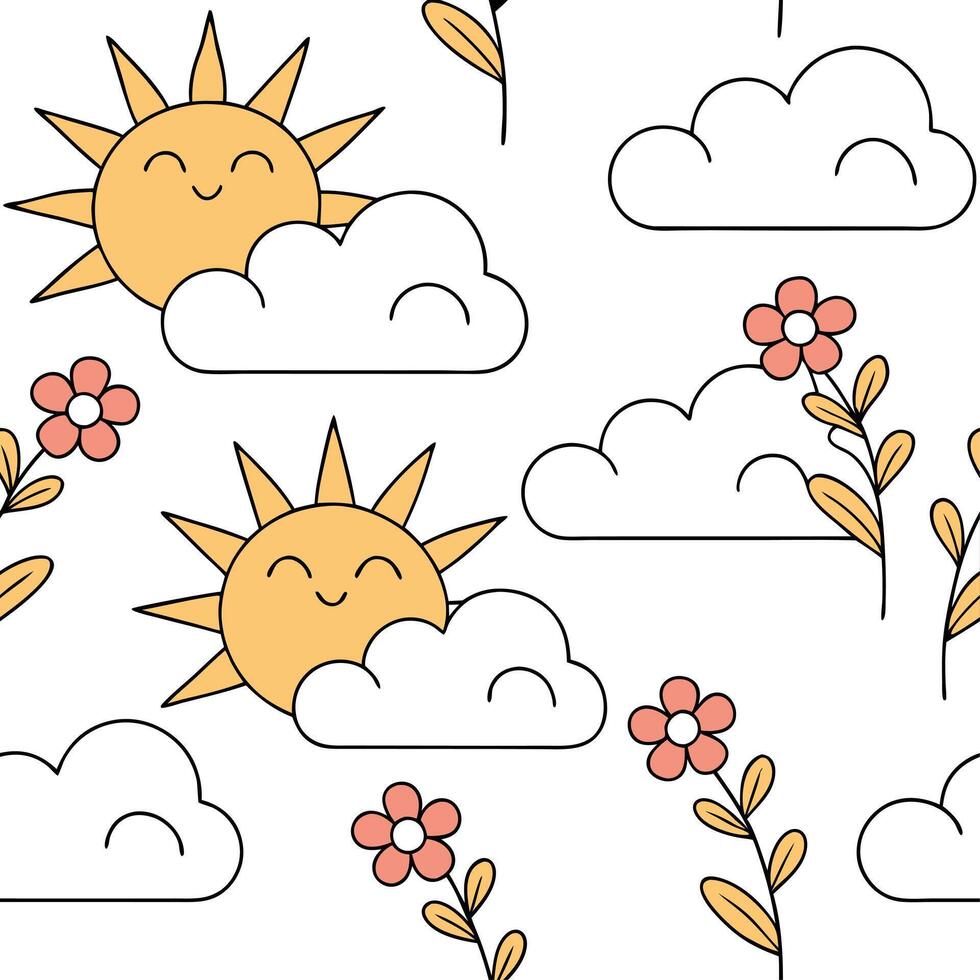 Springtime sun and clouds seamless tile pattern with golden light peeking through the clouds concept as Golden sunlight peeks through fluffy clouds creating a seamless spring patte Dynamic vector