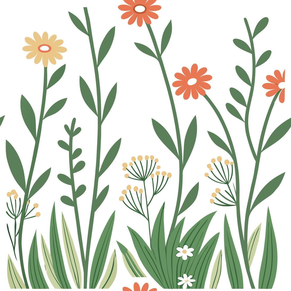 Spring meadow seamless pattern with wildflowers and greenery for rustic charm concept as Rustic spring meadow featuring wildflowers and greenery arranged in a seamless pattern for Dynamic vector