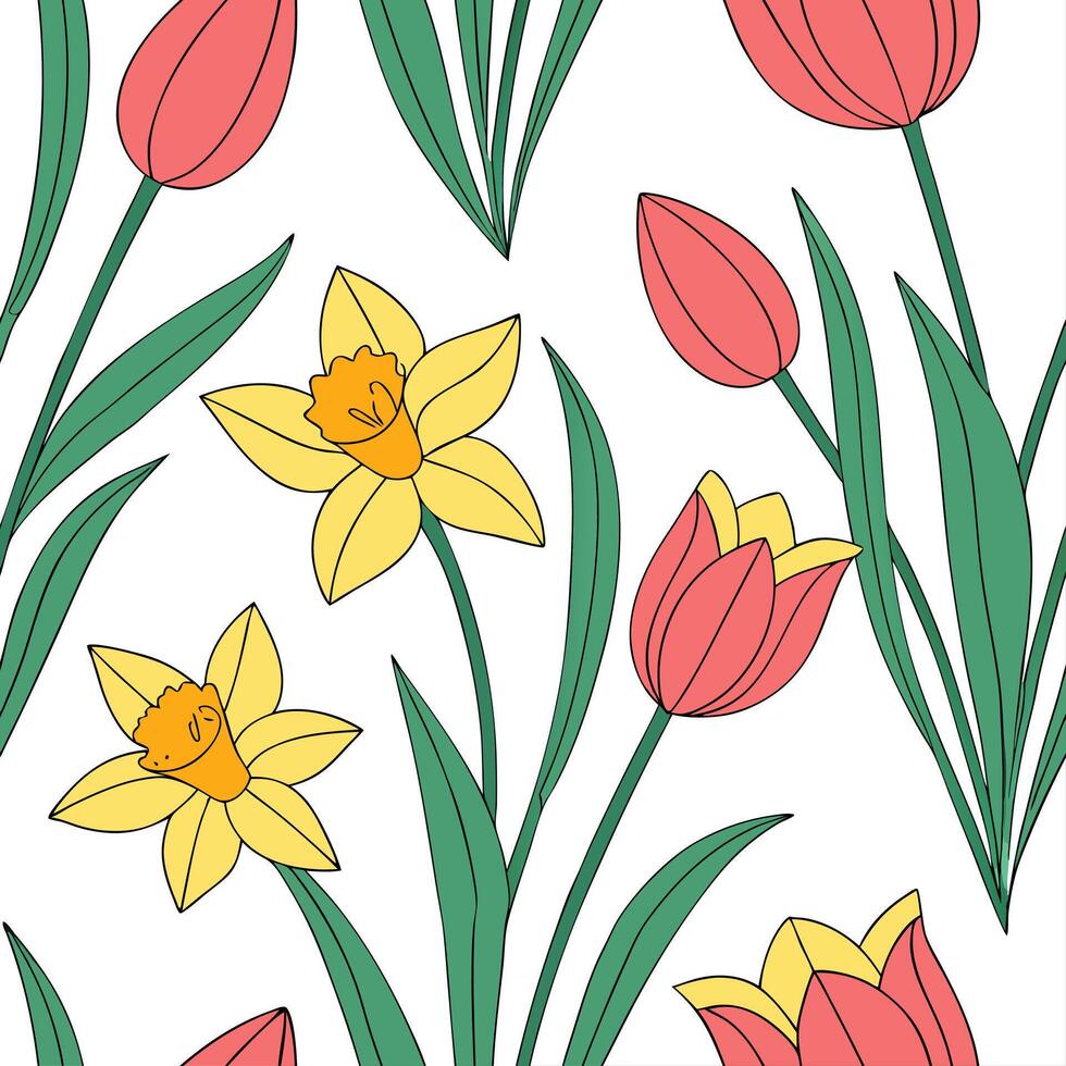Spring flowers seamless tile pattern featuring vibrant tulips and daffodils for cheerful interiors concept as Bright tulips and daffodils arranged seamlessly in a lively tile patte Dynamic vector