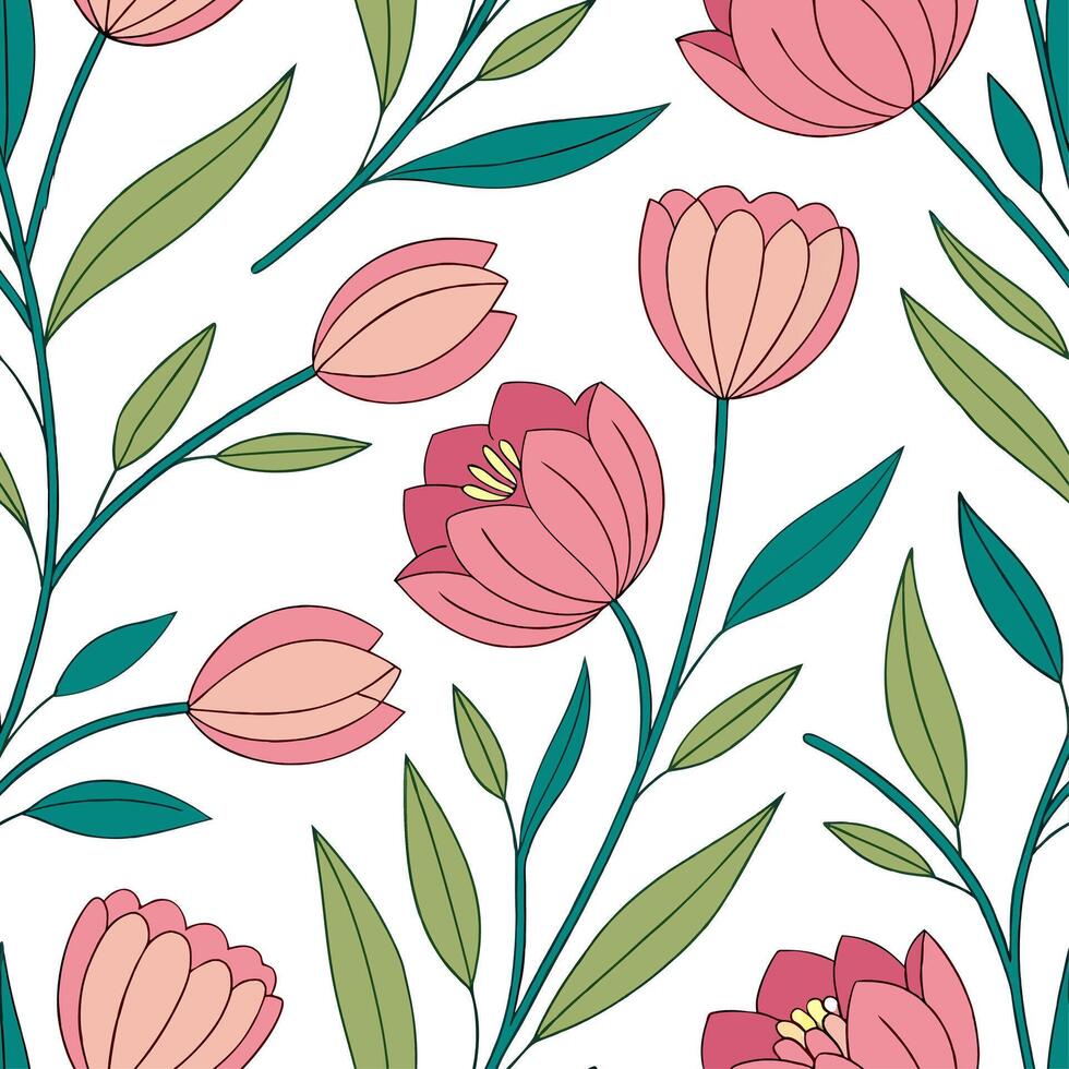 Spring flowers seamless tile pattern with peonies and tulips for lively colorful interiors concept as Lively peonies and tulips seamlessly arranged in colorful patterns for fresh v Dynamic vector