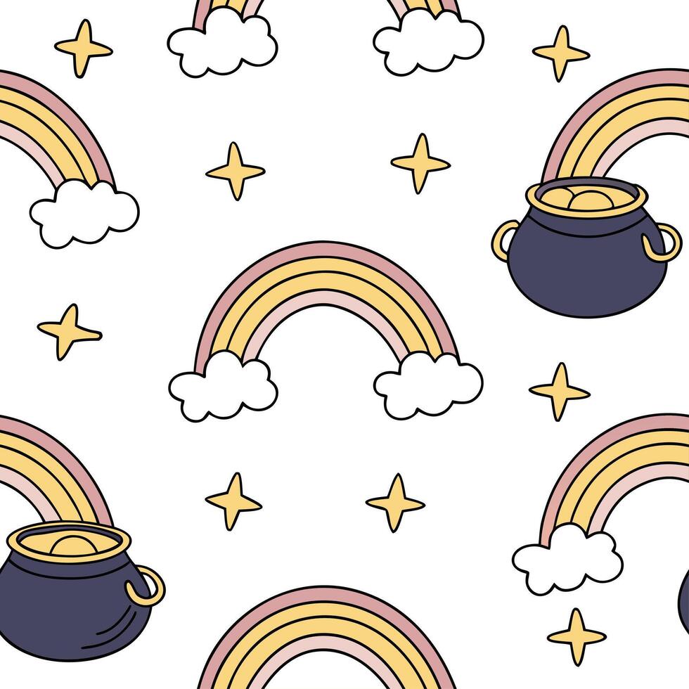 Sparkling rainbows and pots of gold seamless tile pattern with magical accents concept as Magical rainbows and sparkling pots of gold create seamless tile pattern with enchanting a Dynamic vector