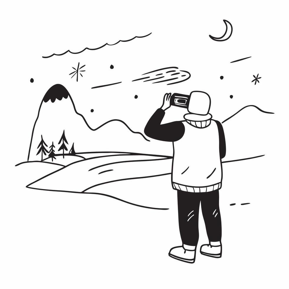 Solo traveler capturing the northern lights concept as A solo traveler photographs the mesmerizing northern lights in a remote snowy landscape capturing the magic of nature Perfec Dynamic vector