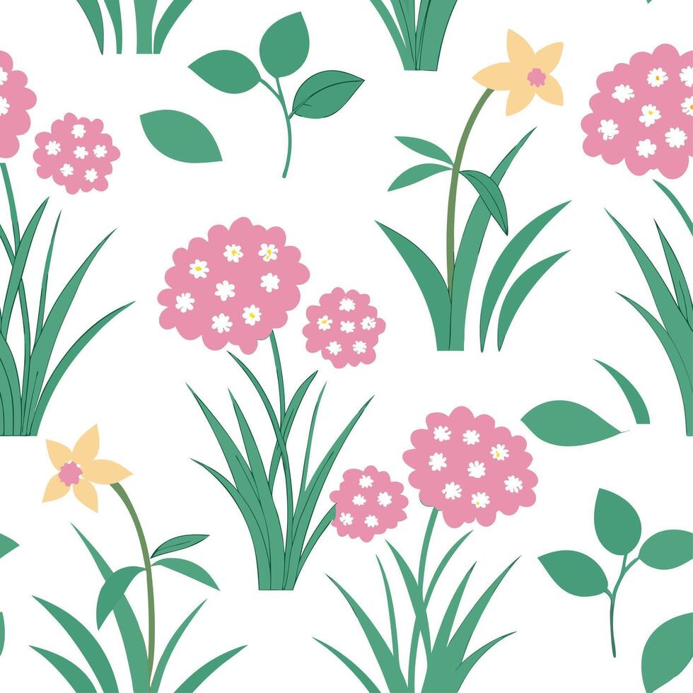 Soft spring garden seamless pattern with hydrangeas and daffodils for relaxing garden settings concept as Relaxing hydrangeas and daffodils arranged seamlessly for a calm and peace Dynamic vector