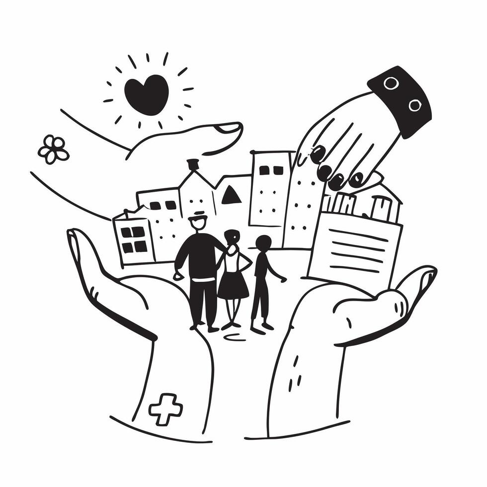 Social worker double exposure with community scene concept as A social workers profile combined with a community scene representing social responsibility and community support Ide Dynamic vector