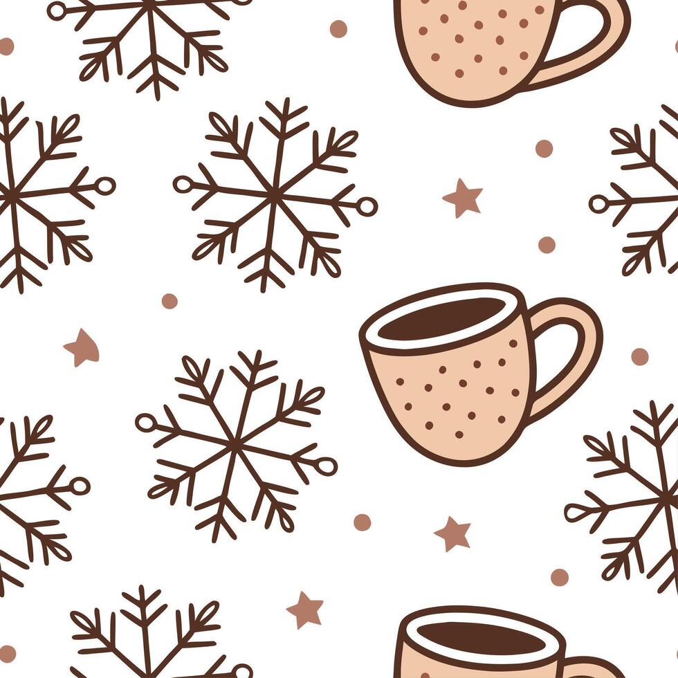 Snowflake and hot beverage seamless tile pattern with cozy winter elements and warm colors concept as Cozy winter elements like mugs of hot beverages paired with snowflakes create Dynamic vector