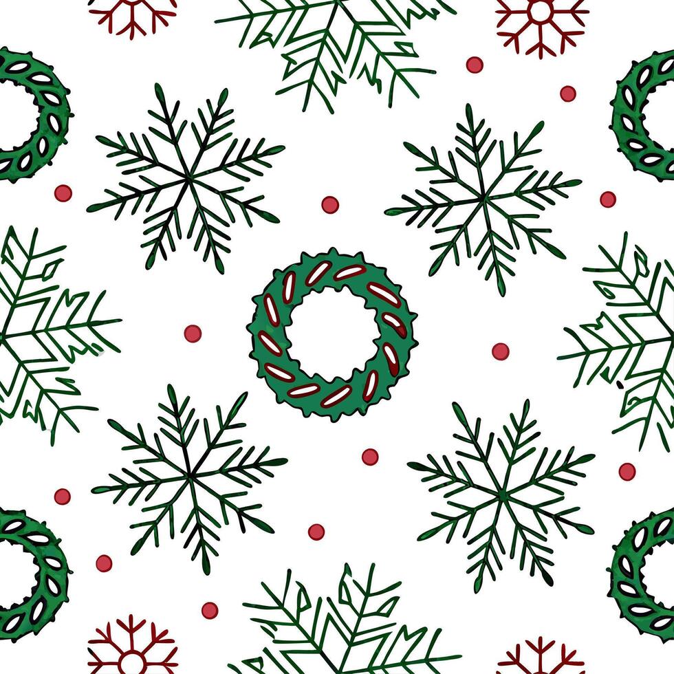 Snowflake and holiday wreath seamless tile pattern with festive green and red hues concept as Festive green and red hues highlight snowflakes and holiday wreaths in a seamless tile Dynamic Set 2 vector
