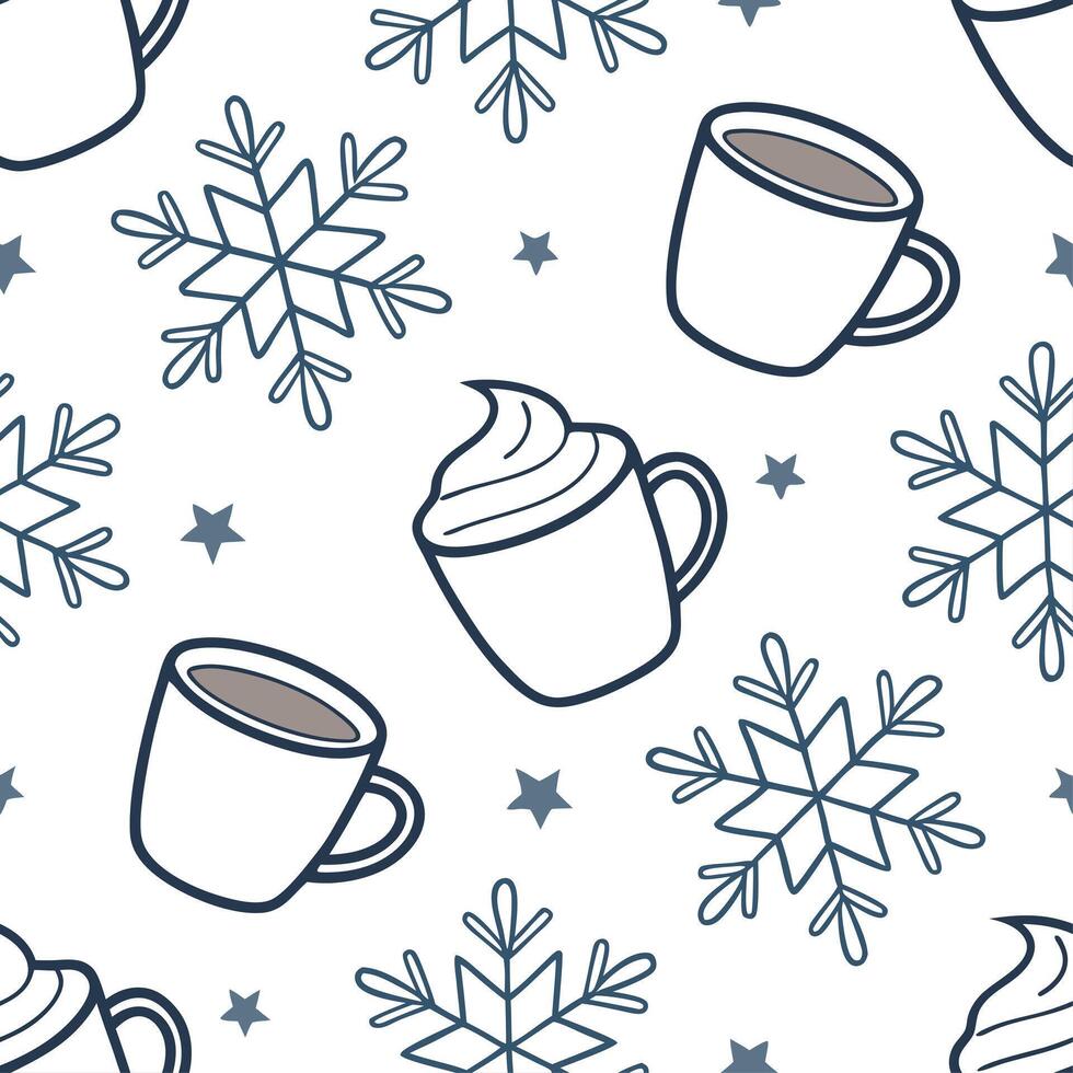 Snowflake and cozy mug seamless tile pattern with warm winter beverages and frosty details concept as Cozy mugs filled with warm beverages paired with snowflakes create a seamless Dynamic vector