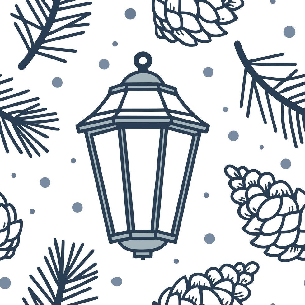 Snow covered lanterns and pinecones seamless tile pattern with winter charm concept as Snow covered lanterns and pinecones add winter charm to a seamless tile pattern perfect for f Dynamic vector