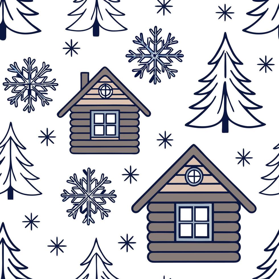 Snowflake and cozy cabin seamless tile pattern with warm winter elements and frosty details concept as Cozy cabins paired with snowflakes create a seamless tile pattern with warm w Dynamic vector