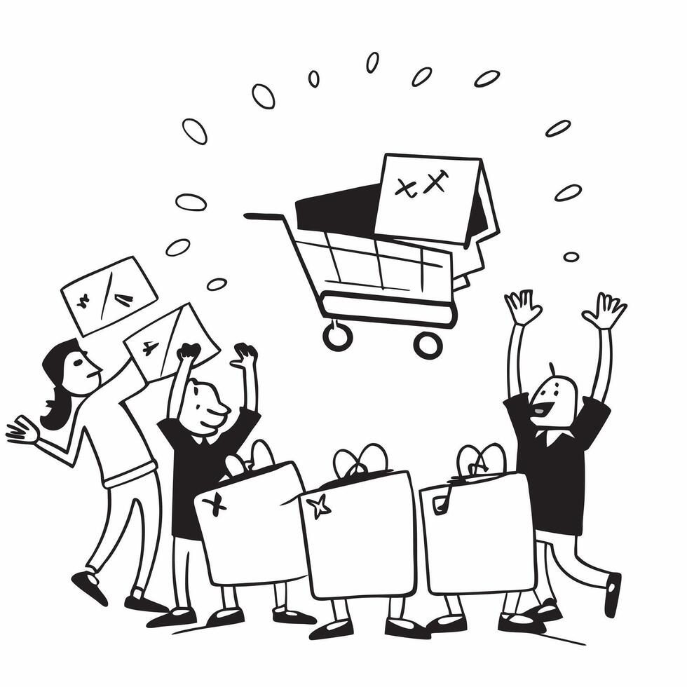 Shoppers with full carts at a quarterly sale concept as High resolution image of shoppers with full carts at a quarterly sale with a glossy backdrop highlighting the excitement and Dynamic Set 5 vector