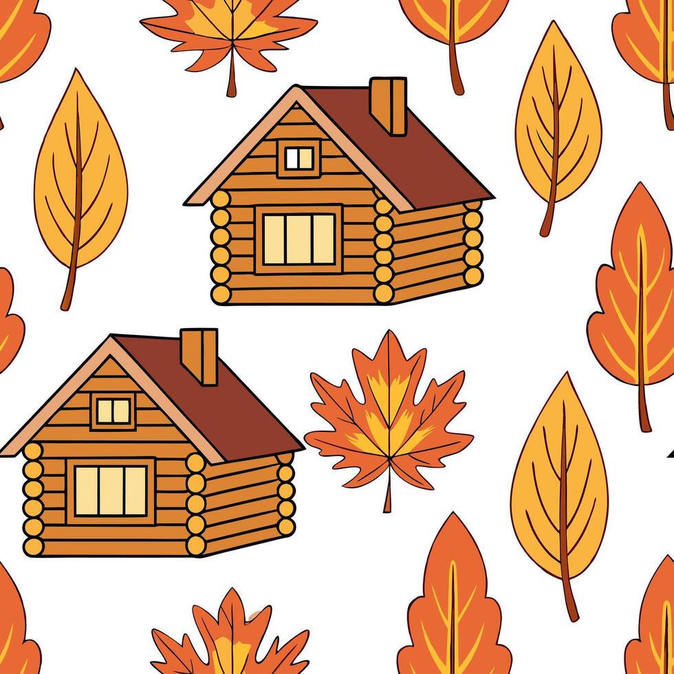 Rustic wooden cabin seamless tile pattern with warm lights and autumn foliage concept as Warm lit rustic cabins surrounded by autumn foliage create a seamless tile pattern perfect Dynamic vector