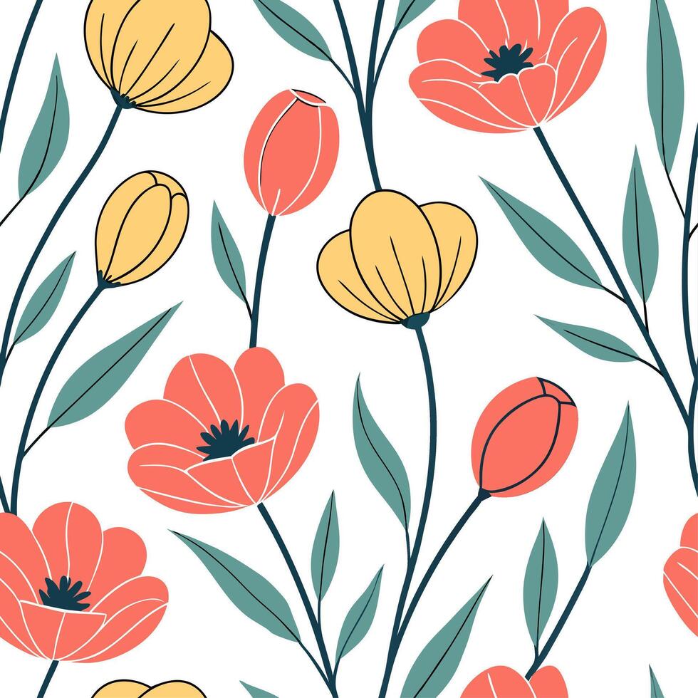 Retro spring flower seamless pattern with poppies and tulips for bold home accents concept as Retro inspired seamless pattern featuring poppies and tulips for bold and eye catching Dynamic vector