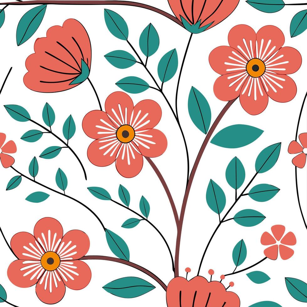 Retro floral seamless pattern with bright color schemes for dynamic spring spaces concept as Bold and bright floral motifs in a retro style seamless pattern ideal for lively and dy Dynamic vector