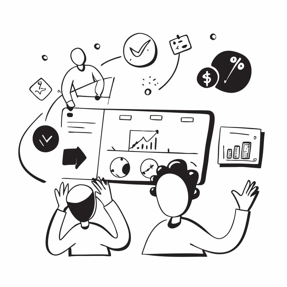 Remote team collaborating on a market research project concept as A illustration of a remote team collaborating on a market research project using conferencing and dig Dynamic vector