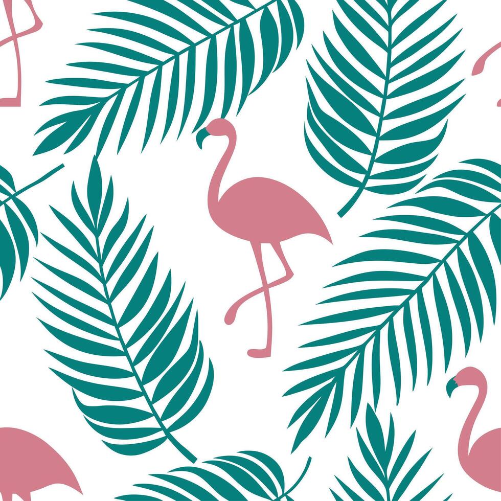 Refreshing summer seamless pattern with tropical palm leaves and flamingos for a lively tropical vibe concept as Tropical palm leaves and flamingos arranged in a seamless pattern f Dynamic vector