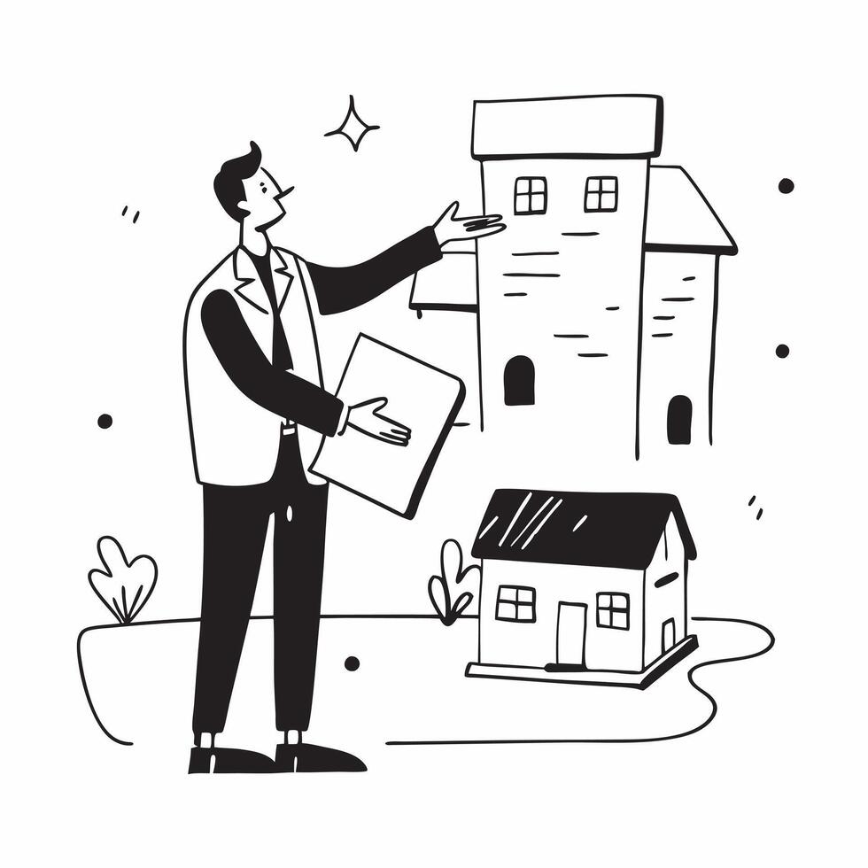 Real estate agent presenting a mockup house for sale in an urban area concept as A real estate agent presents a mockup house for sale in an urban area highlighting the proximity to Dynamic vector