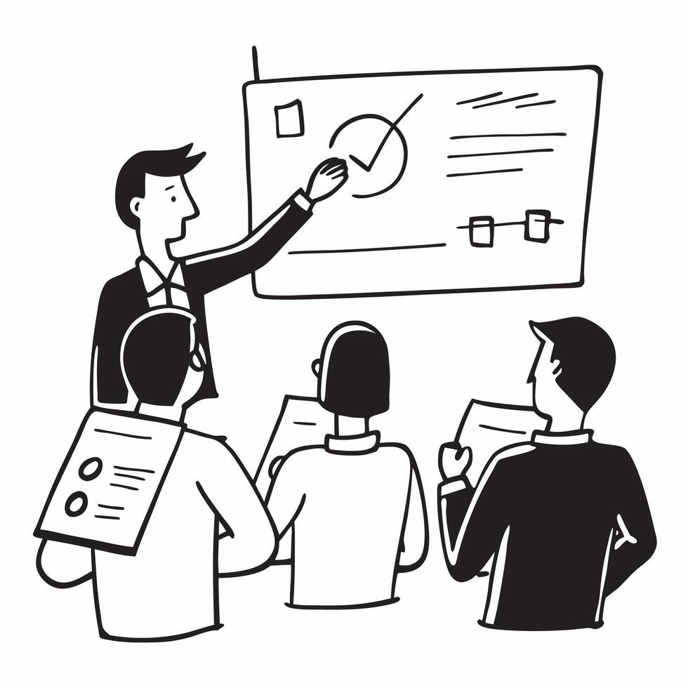 Project manager leading a status update meeting concept as A illustration of a project manager leading a status update meeting utilizing a 3 color palette to highlight clari Dynamic vector