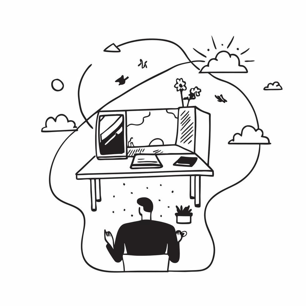 Professional working with a view of nature from office concept as High resolution image of a professional working with a view of nature from the office window highlighting the impo Dynamic Set 2 vector