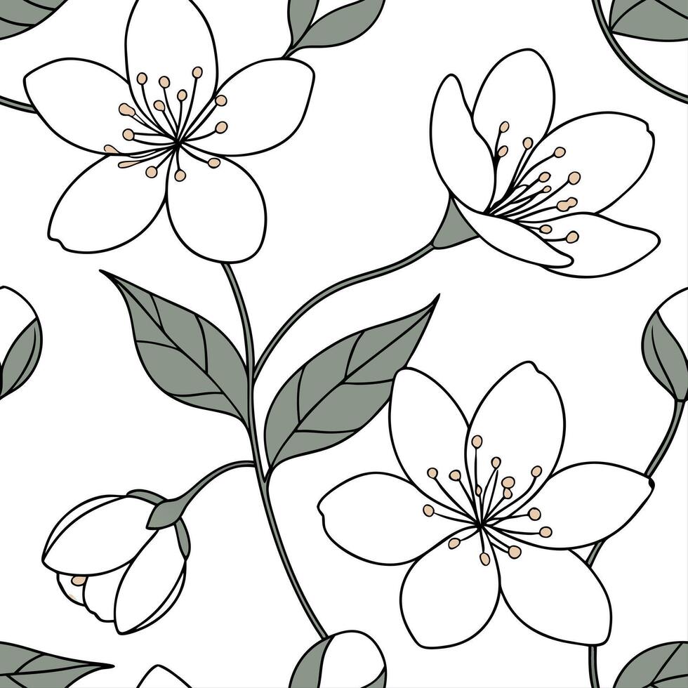 Pretty jasmine seamless tile pattern with delicate white petals and fragrant blossoms concept as Delicate jasmine blossoms with white petals create a soft fragrant seamless tile pa Dynamic vector