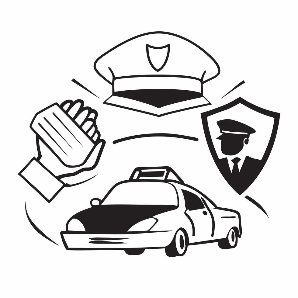 Police officer double exposure with police car concept as A police officers profile merged with a police car representing law enforcement responsibility and public safety Perfect Dynamic vector