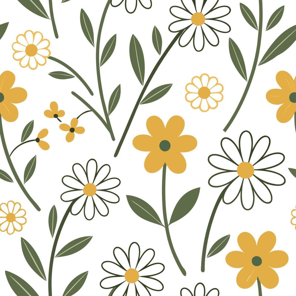 Playful spring flower seamless pattern with daisies and buttercups for cheerful living rooms concept as Daisies and buttercups arranged in a playful seamless tile pattern to create Dynamic vector