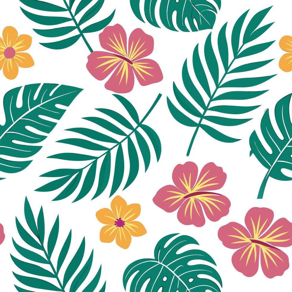Playful summer leaves seamless pattern with colorful tropical leaves and flowers for vibrant spaces concept as Colorful tropical leaves and flowers arranged seamlessly for a playfu Dynamic Set 2 vector