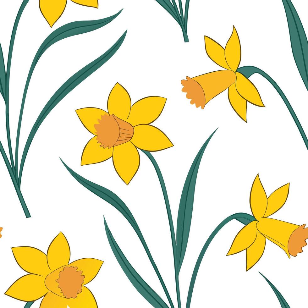 Playful daffodil seamless tile pattern with vibrant yellow petals and fresh spring vibes concept as Daffodils in vibrant yellow create a cheerful fresh seamless tile pattern with a Dynamic vector
