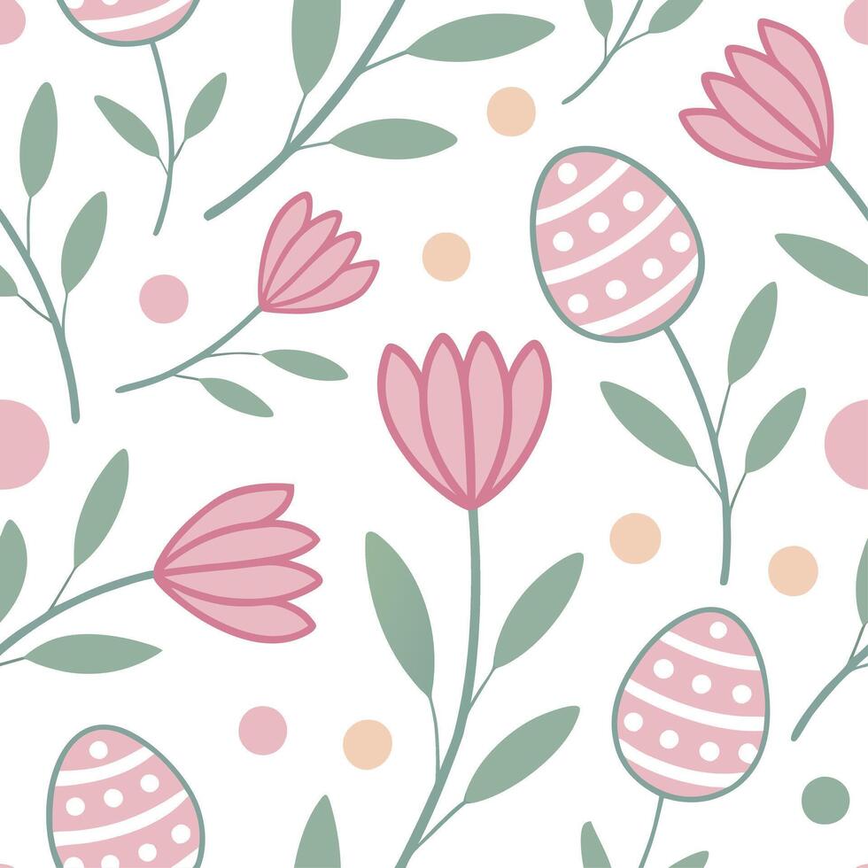Pastel colored Easter flowers and Easter eggs seamless tile pattern with soft spring vibes concept as Soft spring vibes with pastel colored Easter flowers and eggs create a seamles Dynamic vector