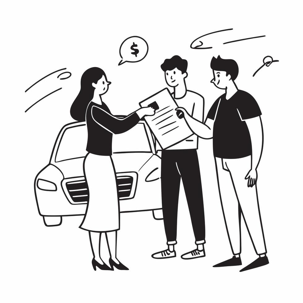 Parents explaining car loan terms to teen concept as High resolution image of parents explaining car loan terms to their teen for their first car with a glossy backdrop highlightin Dynamic vector