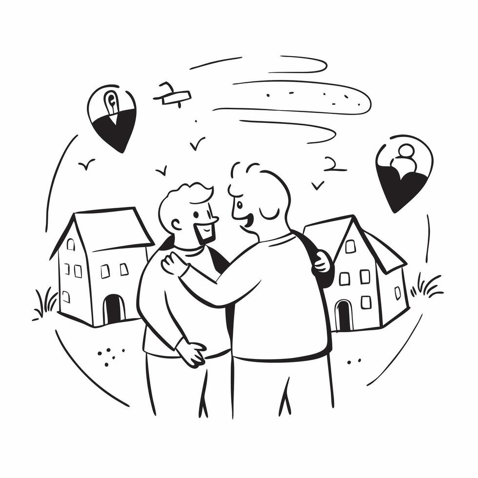 Old friends reuniting at a hometown concept as Old friends reuniting blended with a hometown scene symbolizing the nostalgia and joy of returning home Ideal for social and lifesty Dynamic vector