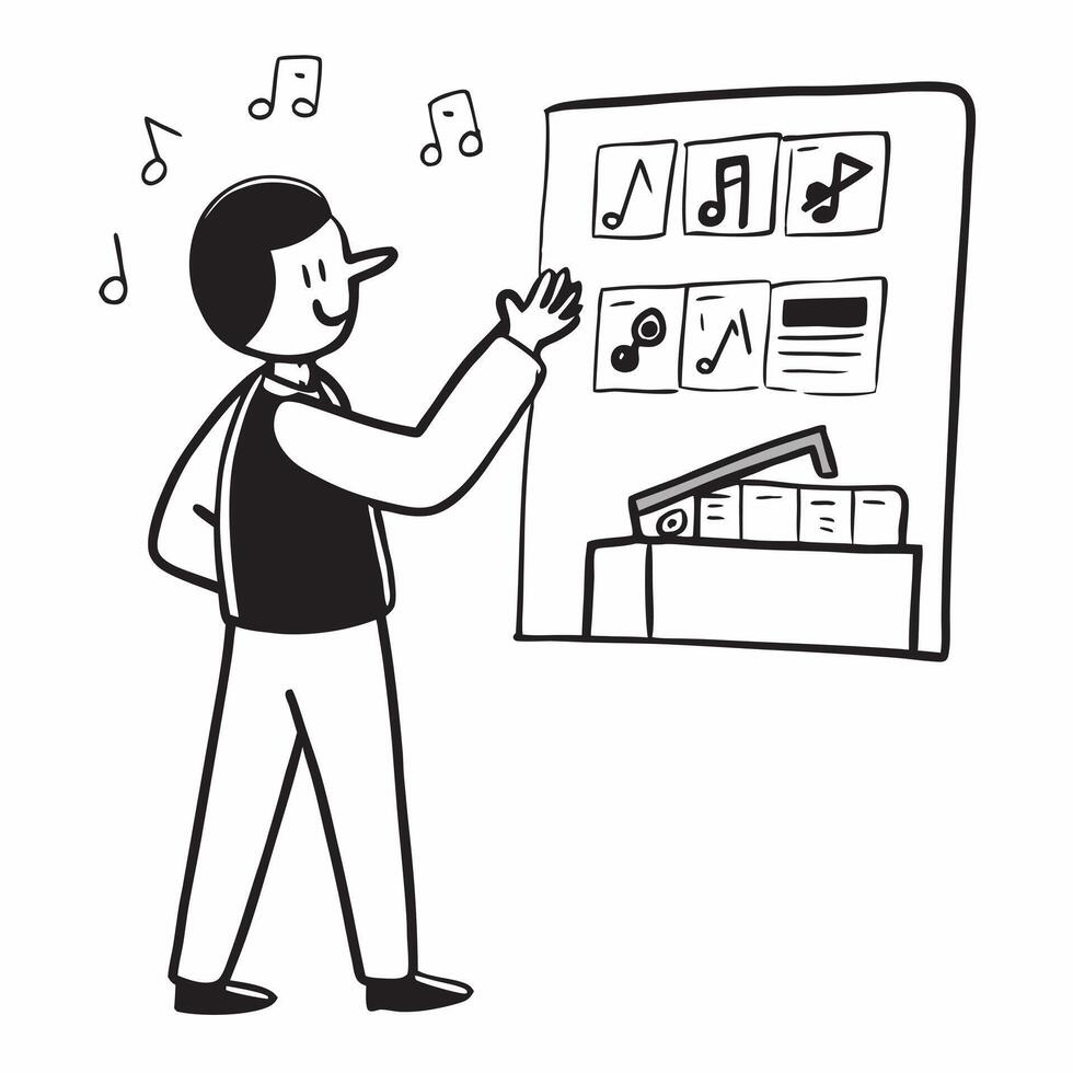 Music ambassador presenting a mockup music board in a shopping mall concept as A music ambassador presents a mockup music board in a shopping mall highlighting new music releases a Dynamic vector