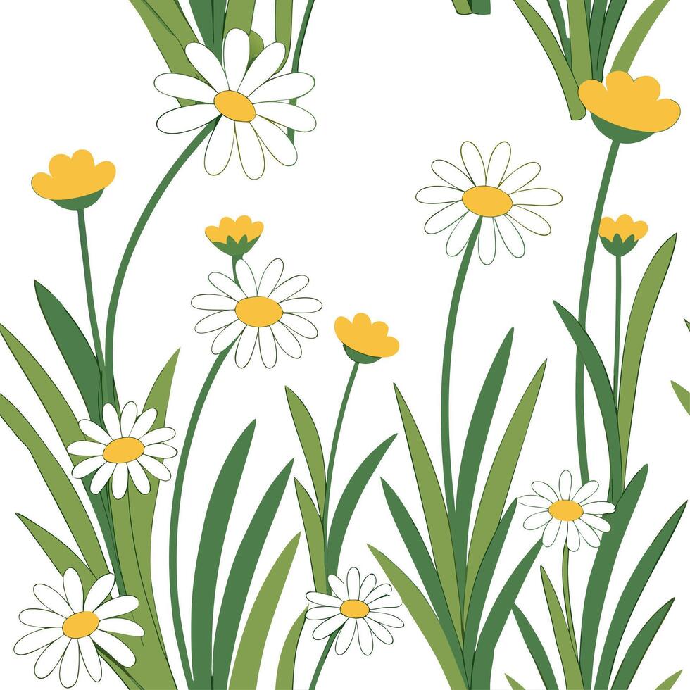 Nature filled spring garden seamless pattern with daisies and buttercups for rustic garden charm concept as Rustic spring garden theme featuring daisies and buttercups arranged in Dynamic vector
