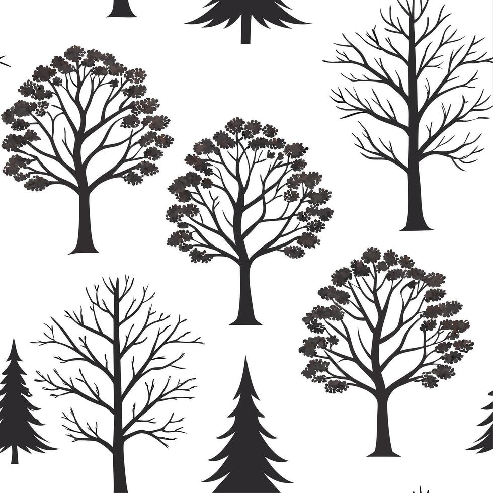 Minimalist autumn trees seamless tile pattern with simple oak and pine silhouettes for modern decor concept as Simple oak and pine tree silhouettes arranged seamlessly for a minima Dynamic vector