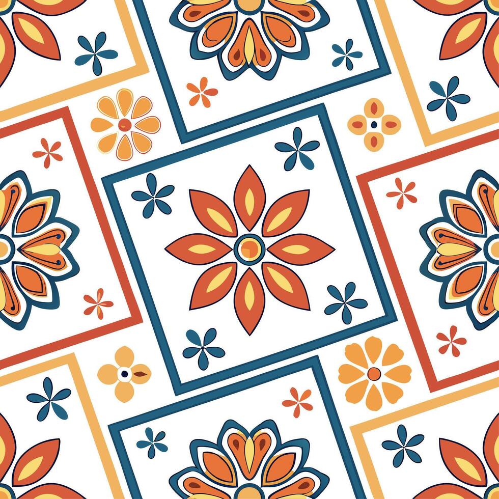 Mexican Talavera tiles and colorful flowers seamless pattern with vibrant hues concept as Vibrant hues highlight Mexican Talavera tiles adorned with colorful flowers in seamless pa Dynamic vector