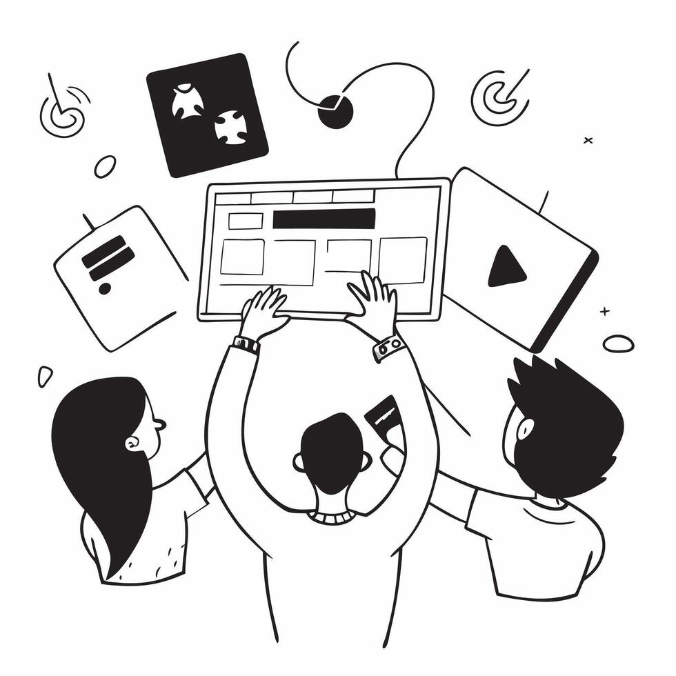 Marketing team brainstorming in a creative workspace concept as A illustration of a marketing team brainstorming in a creative workspace using laptops and tablets with an 8 Dynamic vector
