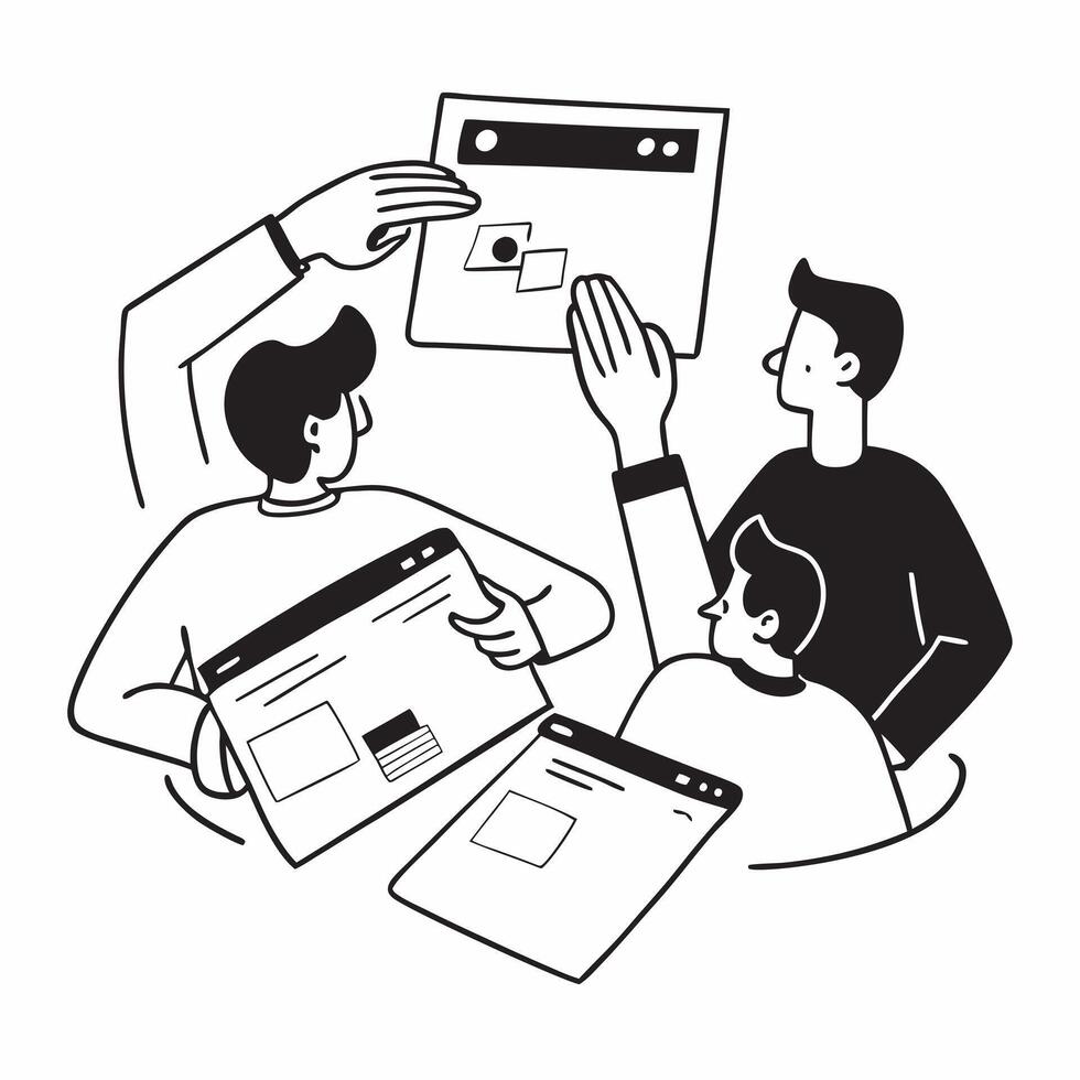 Marketing consultant collaborating with clients concept as A illustration of a marketing consultant collaborating with clients using laptops and digital tools with a 3 color Dynamic vector