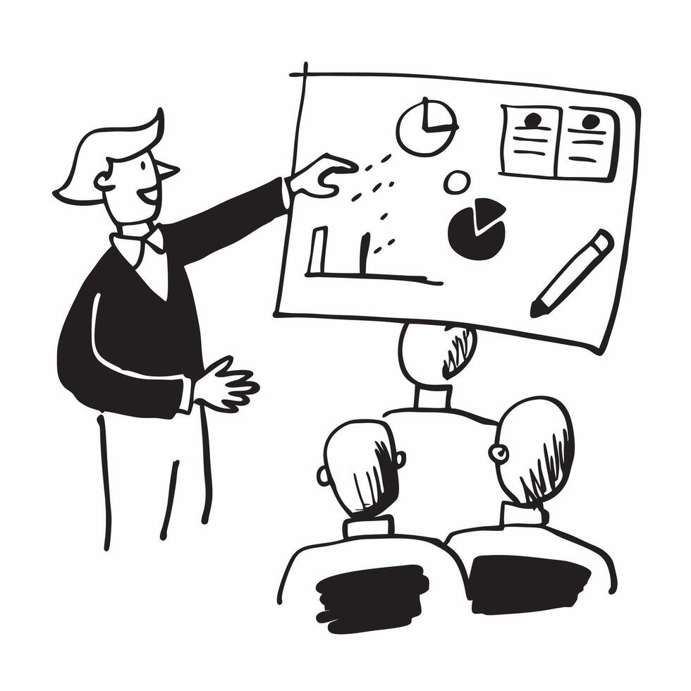 Manager leading a team meeting with presentation slides concept as A illustration of a manager leading a team meeting with presentation slides featuring a 3 color scheme to Dynamic vector