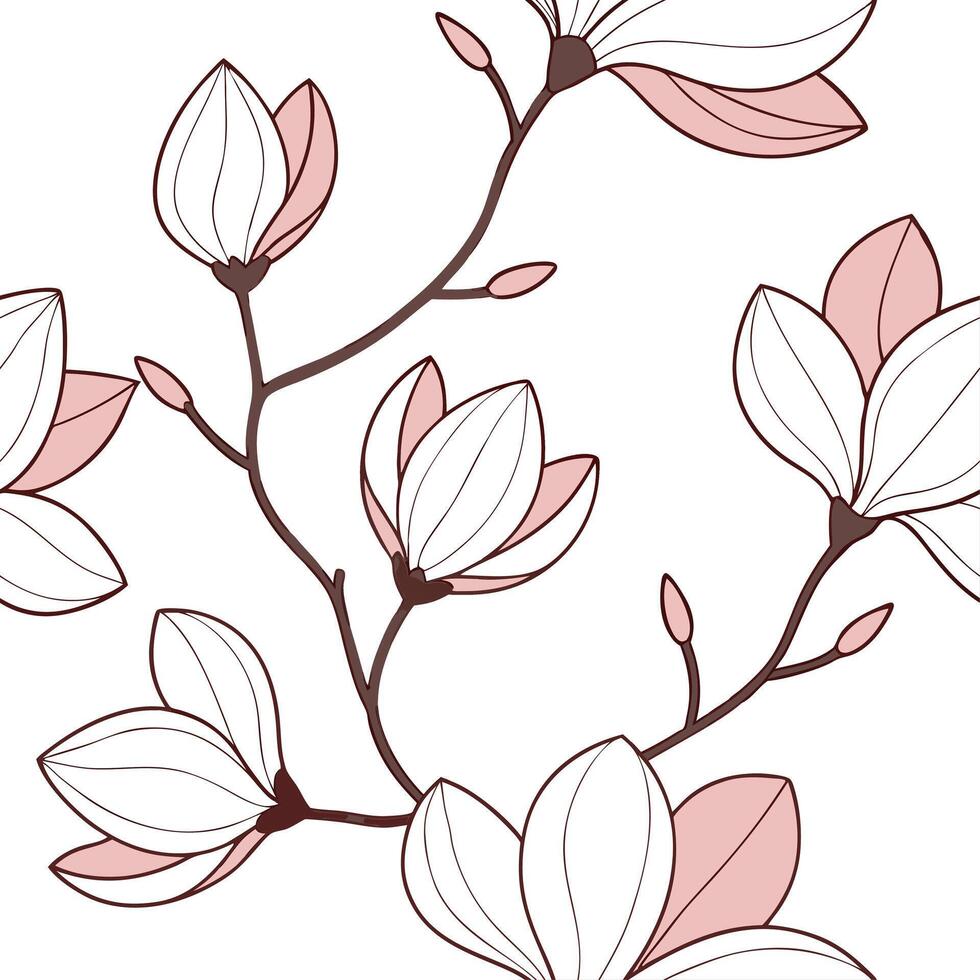 Lush magnolia flower seamless tile pattern with soft pink hues and gentle delicate petals concept as Delicate magnolia flowers with soft pink hues create a seamless spring pattern Dynamic vector