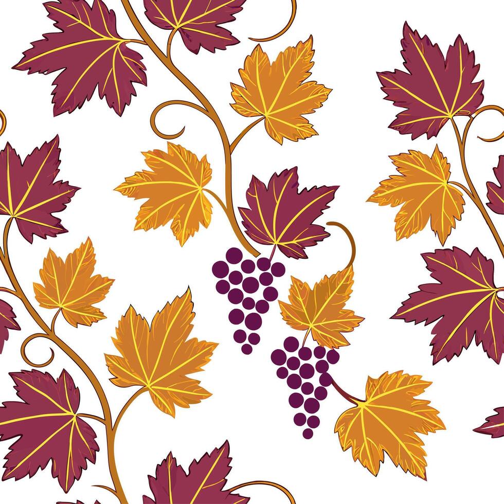 Lush autumn vineyard seamless tile pattern with grapevines leaves and rich colors concept as Grape vines and lush autumn leaves in rich colors create a vineyard themed seamless til Dynamic vector