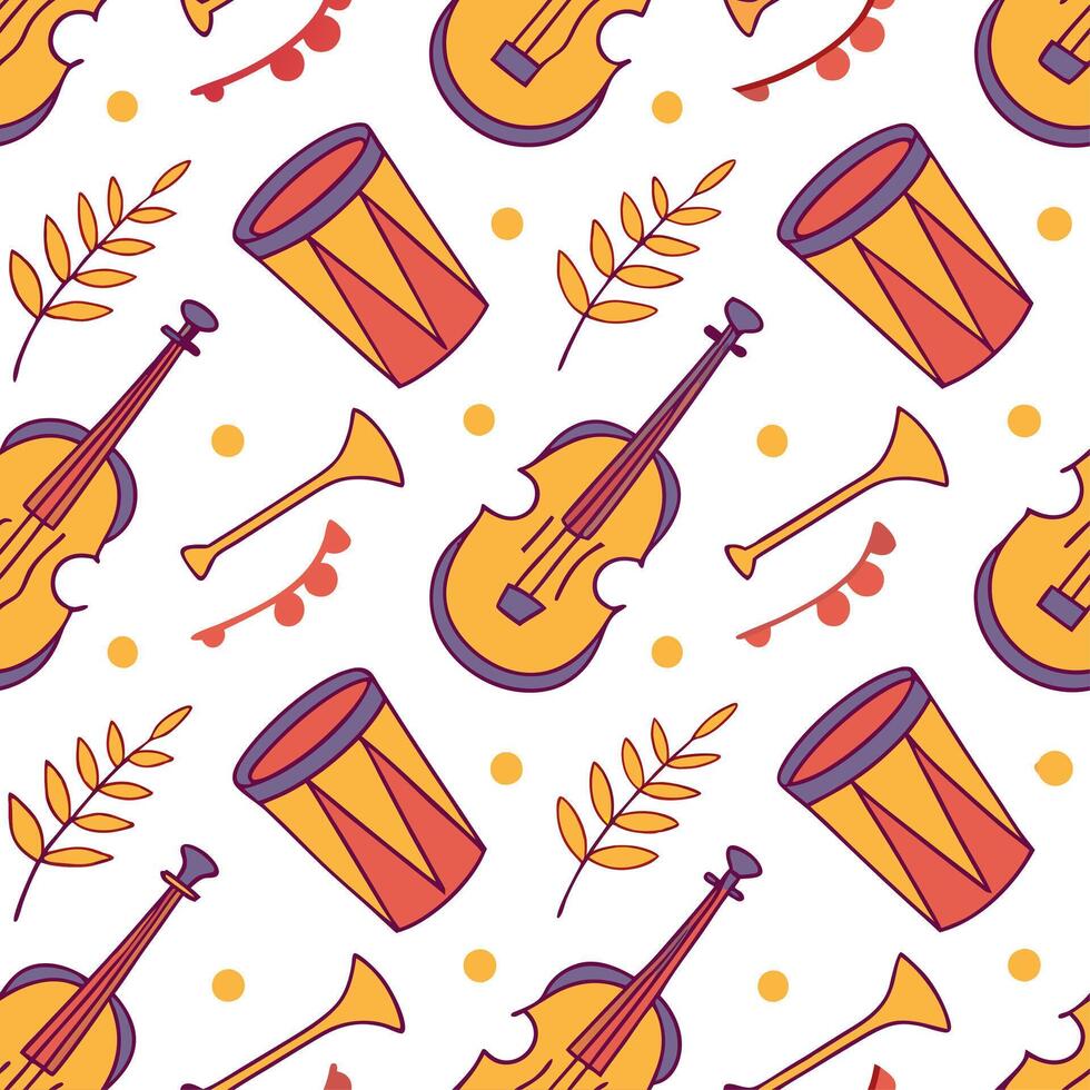 Local festivals and traditional music instruments seamless tile pattern with vibrant colors and dynamic shapes concept as Vibrant colors and dynamic shapes highlight local festival Dynamic vector