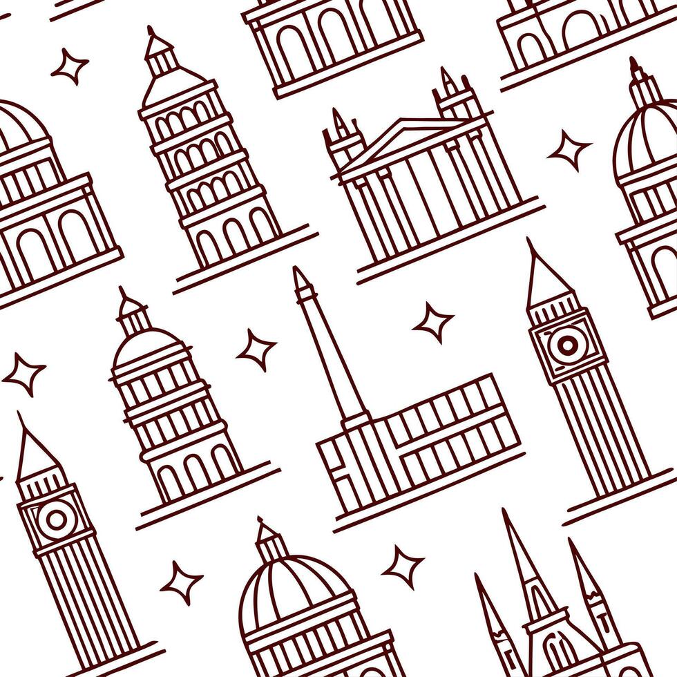 Local architectural landmarks and cultural symbols seamless tile pattern with bold lines concept as Bold lines highlight local architectural landmarks and cultural symbols in seaml Dynamic vector